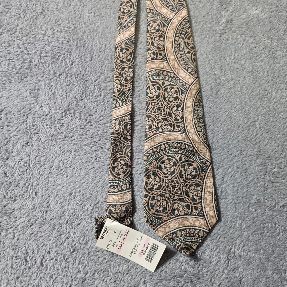 Anne Klein Mens OS Silk Necktie Black Tan Ornate Medallion Scroll Italian Fabric